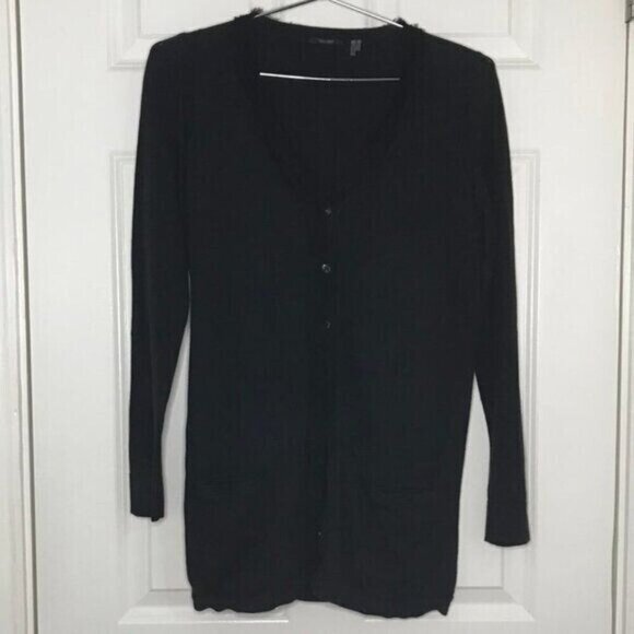 Tahari Cardigan Size Small Black V-Neck Knit Snap Front Ruffled - Picture 2 of 5